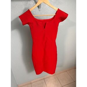 Red Bandage Bodycon Dress Off Shoulder V-Notch Mini Short Sleeve Size Small